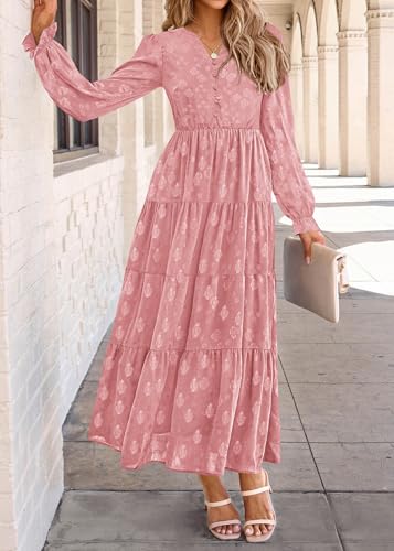 Image of KIRUNDO Spring Wedding Guest Dresses for Women 2026 Maxi Floral Long Sleeve Elegant Ruffle Tiered Flowy Party Long Dress