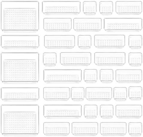 Vtopmart 37 PCS Clear Plastic Drawer Organizers Set, 4-Size Versatile Bathroom and Vanity Drawer Organizer Trays, Storage Bins for Makeup, Jewelries, Kitchen Utensils and Office