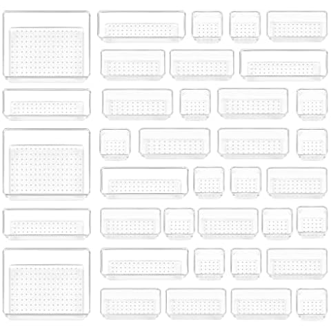 Vtopmart 37 PCS Clear Plastic Drawer Organizers Set, 4-Size Versatile Bathroom and Vanity Drawer Organizer Trays, Storage Bins for Makeup, Jewelries, Kitchen Utensils and Office Cover
