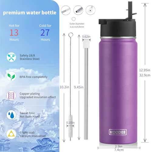 Image of koodee Insulated Water Bottle-26 oz Stainless Steel Vacuum Sports Water Bottle with Straw Reusable Metal Water Flask with Leak Proof Straw Lid (Purple)