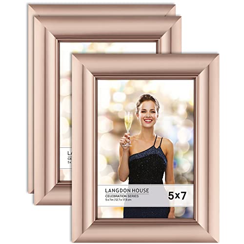 Langdon House 5x7 Picture Frames (Rose Gold, 3 Pack), Contemporary Glam Photo Frames 5 x 7, Wall Mount or Table Top, Celebration Collection by Langdon House - Used condition - US$9.49