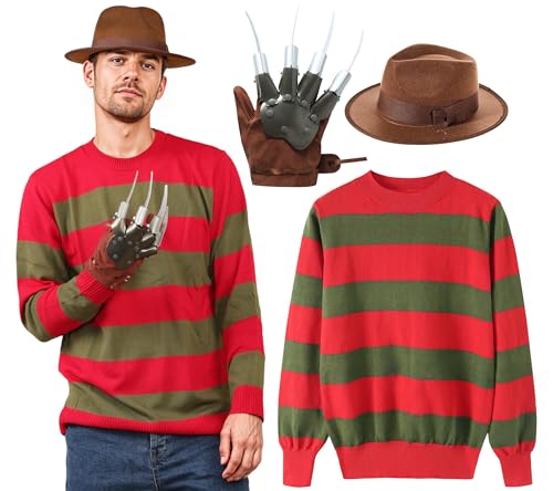 Disfraz de Freddy Krueger para hombre, unisex, diseño de rayas rojas y verdes, suéter con garra de guante y sombrero explorador, disfraz aterrador de personajes de película de terror, cosplay, Rojo y