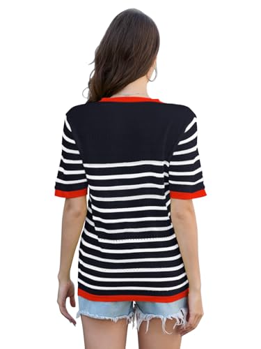Image of ANCAPELION Women's Short Sleeve Sweater Top Striped Knit Crew Neck Pullover for Summer Trendy Shirts