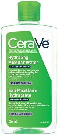Cerave Micellar Water Hydrating Facial Cleanser and Eye Makeup Remover with Essential Ceramides, Hyaluronic Acid and Niacinamde (Vitamin B3), Fragrance Free & Non-irritating, 296ml