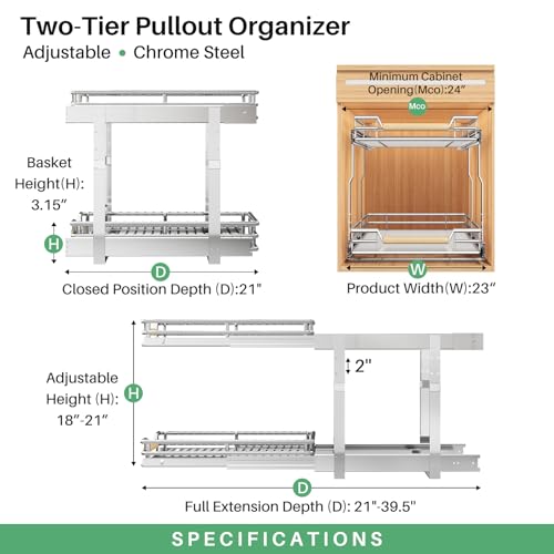 Image of Pull out Cabinet Organizer, 2 Tiers 23 inchW X 21 inchD, Heavy Duty Smooth Sliding Under Cabinet Shelves for Pots and Pans, Full-Extension Roll out Drawers, Slide out Organization for Home Kitchen Pantry