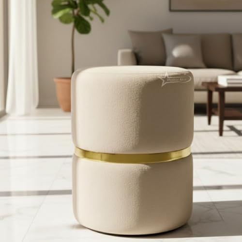 Image of Round Single Strip Upholstered Stool Living Room Foot Rest Linen Fabric Padded Seat Pouf Ottoman Office Stool Cream
