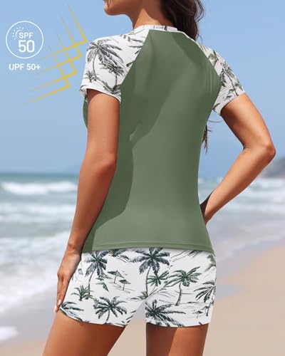 Image of Daci Short Sleeve Rash Guard 2 Piece Swimsuits with Bord Shorts | Sun Protection,Two Pockets,Clolor Block,High Waisted Short,High Neck,Quick Dry