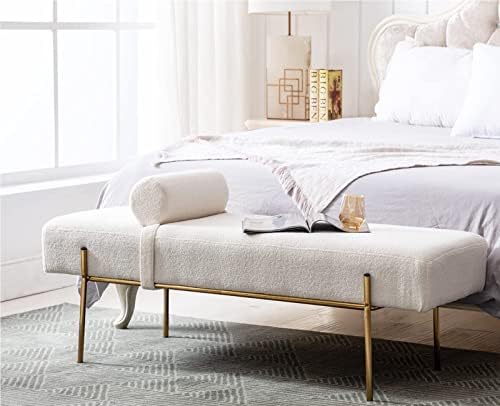 Guyou 55" White End of Bed Bench, Modern Faux Fur Upholstered Ottoman Bench Seat with Gold Legs, Fuzzy Long Bench for Bedroom Living Room Foyer Indoor Entryway (White)