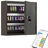 WeHere 90-Keys Key Lock Box, Key Cabinet with Key Management System App (Track Key Borrow/Return) & Color Key Tags, Wall Mount Steel Key Holder Organizer Box for School, Office, Apartment, Property