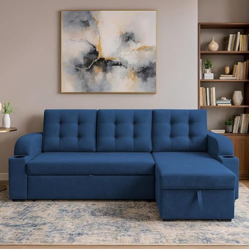 Image of Casaliving Grance RHS 4 Seater Corner Sofa Cum Bed for Living Room with Storage (Blue Fabric) Premium Fabric Sofa