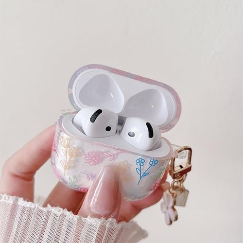 Image of MINSCOSE Compatible with AirPods 4 Clear Case,Cute Flower Floral Aesthetic Design with Flowers Keychain, Soft TPU Protective Shockproof Case for Women Girl for Airpods 4-Color