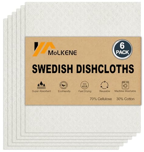 MoLKENE Swedish Dishcloths for Kitchen | 6 Pack Absorbent Cellulose Sponge Cloths Washable | Non-Scratch Reusable Paper Towels Quick Drying Cleaning Cloths - White