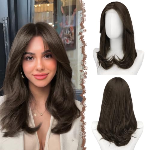FESHFEN Lace Front Hairline Wigs with Bangs, Synthetic Natural Looking Long Layered Straight Hair Wig for Women Daily Party Costume, 18 inch Medium Brown