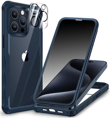 Image of CENHUFO iPhone 15 Pro Max Case, with Built-in Anti Peep Glass Privacy Screen Protector and Camera Lens Protective Full Body Shockproof Cover Spy Privacy Phone Case for iPhone 15 Pro Max - Blue