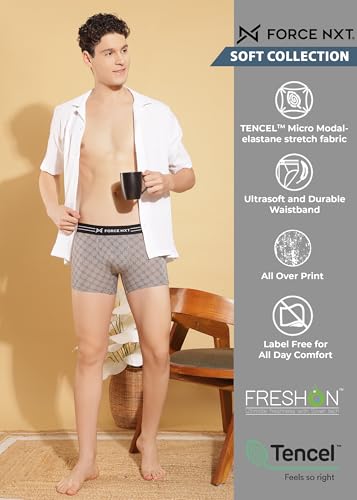 Image of Force NXT Men's Micro Modal Elastane Stretch Fabric Printed Trunk | Ultra Soft and Durable Waistband for Daily Uses | Label Free Outer Elastic Underwear for Men
