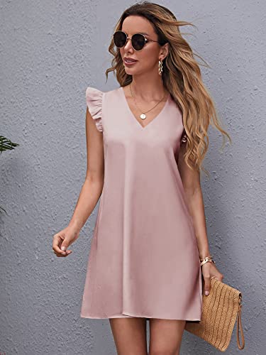 Image of Floerns Women's Solid V Neck Ruffle Trim Cap Sleeve Summer Tunic Dress