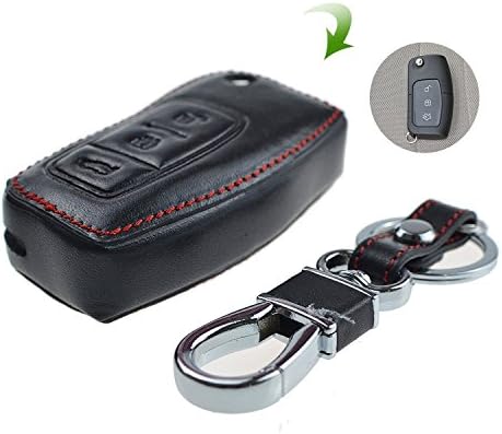 JUSTMOS for Ford Focus Key Case Cover -SEAMETAL Leather Key Fob Holder for Focus MK1 Fiesta Escape,with Keyring Key Chain,Protect Your Key from Scratch(Flip Key Fob 2)