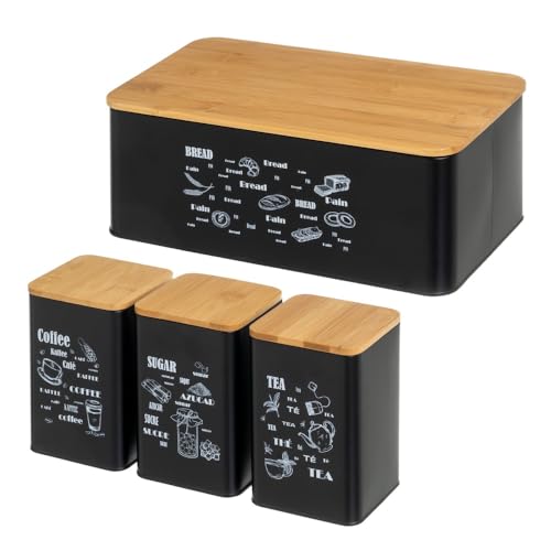 LOLAhome Panera con Tapa de Bambú y 3 Tarros de Metal Negro para Café, Azúcar y Té Ideal para Desayunos