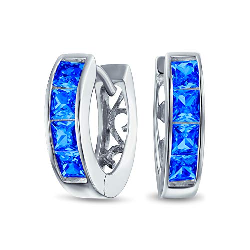 Pequeño pequeño cuadrado princesa corte simulado azul zafiro CZ canal Kpop Huggie aro pendientes para mujeres hombres Cubic Zirconia 925 plata de ley