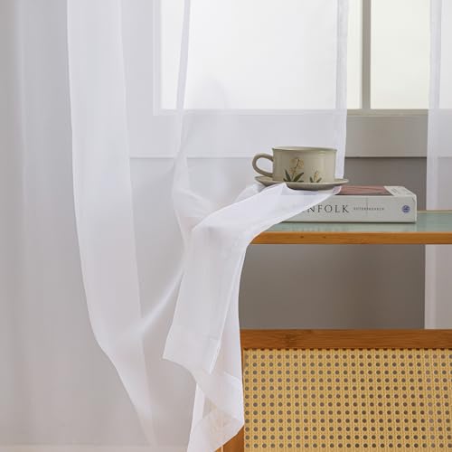 Image of Sheer White Curtains, Sheer Curtains 63 inch Length 2 Panels Set, Rod Pocket Voile Fimly Sheer Drapes for Living Room /Bedroom, Light Filtering Curtain for Small Window 2pcs, Each 52 inch W x 63 inch L