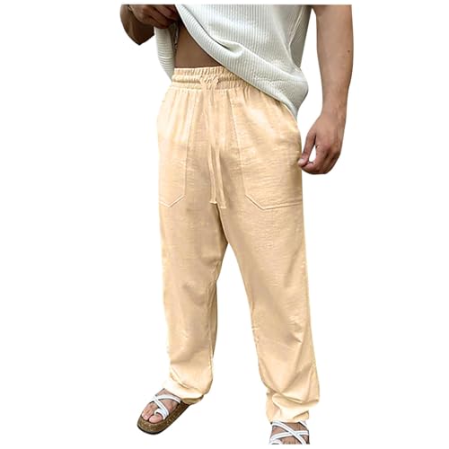 Mens Cotton Linen Pants Lightweight Big and Tall Elastic Drawstring Waist Lounge Beach Pant Loose Comfy Summer Pants