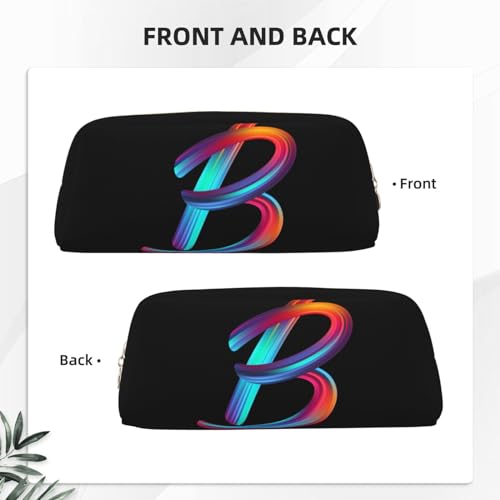 Image of Cute Initial Pencil Case for Kids Simple Leather Pencil Pouch for Boys Girls Letter Design Pencil Box Pen Bag Pencil Pouch Office Stationery Organizer, Rainbow Letter B