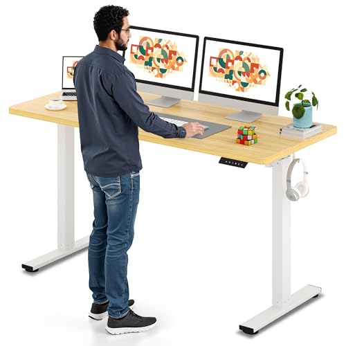 SANODESK Electric Standing Desk 60 x 24 Inches Whole-Piece Desktop Height Adjustable Stand Up Desk w/6-Button Controller Ergonomic Computer Desk for Home Office, White Frame + Natural Tabletop