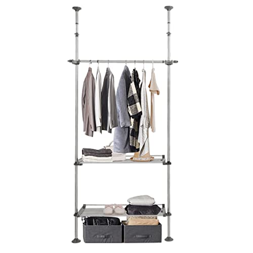Dahoomii Adjustable Clothes Rack Double Tension Pole Garment Display Stand Heavy Duty Coat Jacket Hanger Clothing Storage Organizer With 2 Large Shelves & 1 Hanging Rod - Grey #TOP13