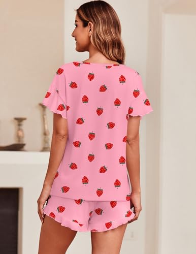 Image of Ekouaer Women's Pajama Set Ruffle Sleeves Top and Short | 2 Piece Ruffle Hem Sleeves Top and Shorts Pjs Set, Soft Short Sleepwear Set, Elastic Waistband Design
