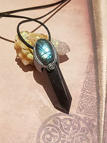 Witches Hour. Crystal Necklace Pendant. Pagan Jewelry. Rainbow Labradorite Pendant. Black Obsidian. Witcher. Pagan Necklace. Crystal Jewelry