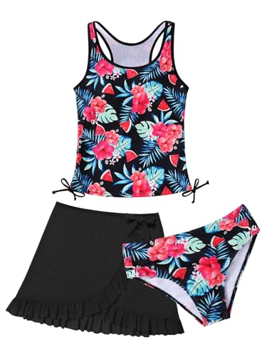 ESHOO Girls Swimsuit 3 Piece Tankini Suit Quick Dry Bathing Set with Cover Up Beach Skirt Kids Swimwear for 7-14 Years Black-Floral