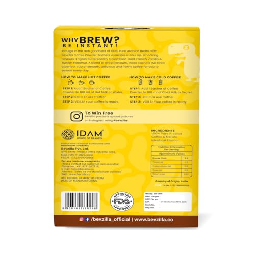 Bevzilla 96 Instant Coffee Powder Sachets(4 Flavours) - 192 Grams | Hazelnut, Classic, Vanilla & Butterscotch | 24 pouches Each Flavour | Arabica Coffee | for Espresso, Latte,Cappuccino | Hot & Cold Brews