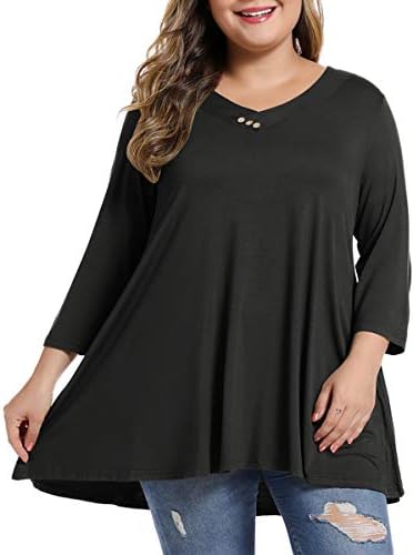 MONNURO Womens 3/4 Sleeve V Neck Plus Size Casual Loose Flowy Swing Tunic Tops Basic T Shirts Wearing with Leggings(Black,2X)