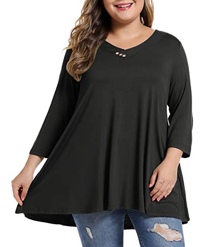 Monnuro Womens 3/4 Sleeve V Neck Plus Size Casual Loose Flowy Swing Tunic Tops Basic T Shirts Wearing With Leggings(Black,2X) #TOP3