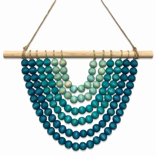 Boho Chic Wooden Bead Garland Wall Hanging Tapestry, Natural-Inspired Handcrafted Home Decor for Living Room, Bedroom, Entryway, Nursery, Apartment & Dorm (Coastal Breeze Gradient, 12 Inches)