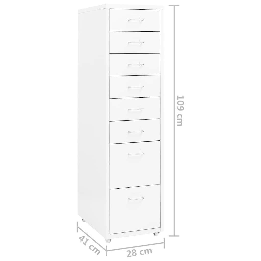 Armadietto bianco con ruote, 28 x 41 x 109 cm, in metallo, 8 cassetti, chiudibile, per ufficio, casa, studio, archiviazione, documenti, cartelle, cartelle sospese, durevole