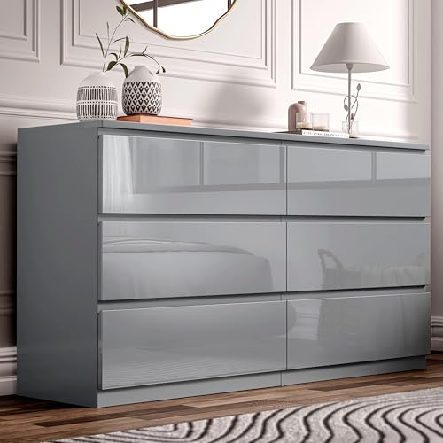 Blisswood High Gloss Chest of Drawer, 6 Drawer Bedroom Chest of Drawer Bedside Table Cabinet for Bedroom Living room Furniture, Grey, 120W x 40D x 77H cm