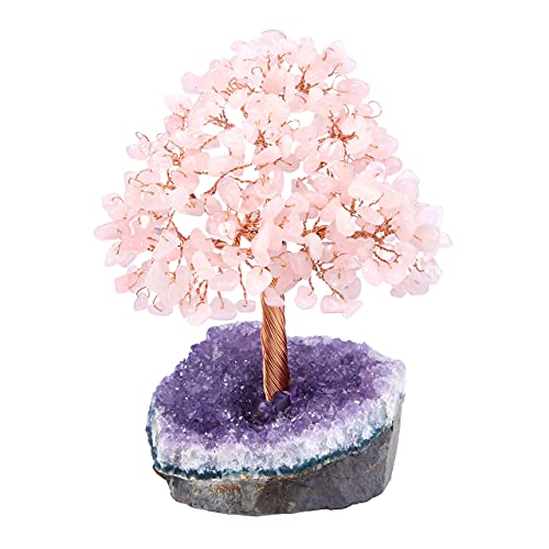 Top Plaza Amethyst Crystals Tree Healing Crystal Stones Wrapped on Natural Raw Amethyst Cluster Base Copper Money Tree Decor Home Indoor Office Desk Decoration Rose Quartz