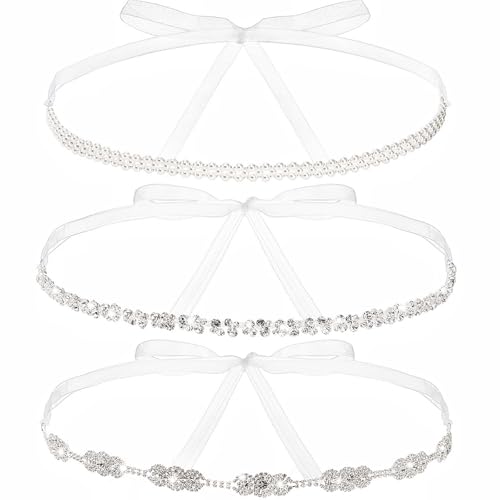 3 Pack Rhinestone Bridal Belts, Crystal Sash with White Ribbon, Thin Pearl Wedding Belt, Handmade Diamond Waist Accessories for Women Bride Bridesmaid Gown Party Prom