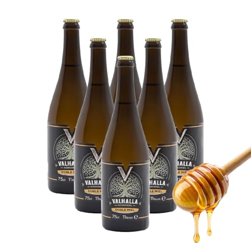 Valhalla Hidromiel Caja de 6 Botellas de Doble Miel | Bebida Ecológica, Aroma Floral, Higos Secos y Pasas, Sabor Dulce, Intenso y Persistentes, Botellas de 75 cl