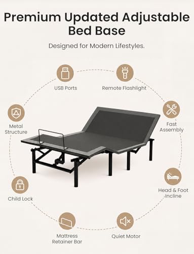 Image of Full Size Adjustable Bed Base with Wireless Remote & USB Ports - Quiet Motor Heavy Duty 750lbs Capacity Bed Frame for Elderly Back Pain Relief, Foldable Design, Mattress Friendly Adjustable Base