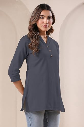 Image of Janasya Women's Light Blue Linen Cotton Solid A-line Top