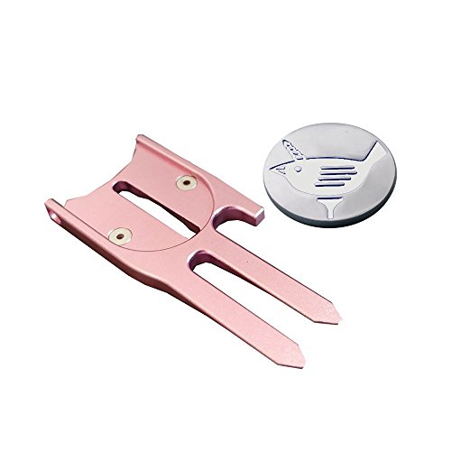 Image of Birdicorn Golf Divot Repair Tool. Golf Ball Marker Divot Tool (Pink w /Ball Marker)