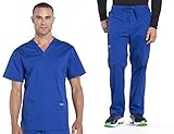 Men Scrubs Set Workwear Professionals WW695 V-Neck Top & WW190T Tapered Leg Fly Front Cargo Pant, Galaxy Blue- M Top/M Tall Pant