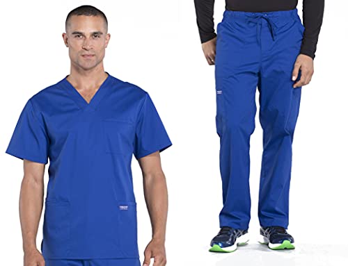 Men Scrubs Set Workwear Professionals WW695 V-Neck Top & WW190T Tapered Leg Fly Front Cargo Pant, Galaxy Blue- M Top/M Tall Pant