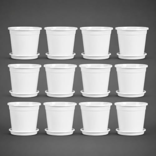 Image of 12 Inch Glossy White Plastic Planter with Bottom Plate | Heavy Duty Flower Pot with Tray for Indoor Home Decor, Balcony, Living Room & Outdoor Garden (12 Pot, White)