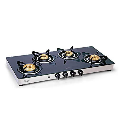 Glen Stainless Steel 4 Burner LPG Stove 1044 XL Glass Top High Flame Brass Burner AI (Black/ Silver)