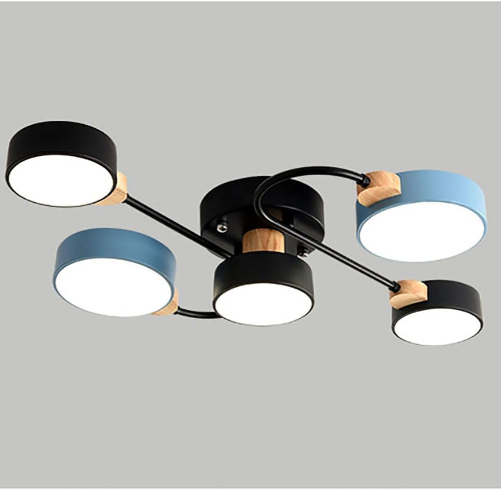 5-lights led ceiling light fixture,28 inch modern ceiling lights flush mount wooden 60w chandelier for living room bedroom kitchen,3000k/4500k/6000k adjustable close to the ceiling light black+blue 5 lights