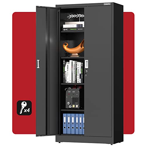 Image of WORKPRO Storage Cabinet, Metal Garage Cabinets with Doors and Shelves, Tall Locking Steel Cabinet for Tools Office Home Shops, 71 inch H x 31-1 /2 inch W x 15-3 /4 inch D, 900 LBS Load Capacity(Total) Black, 4 Keys