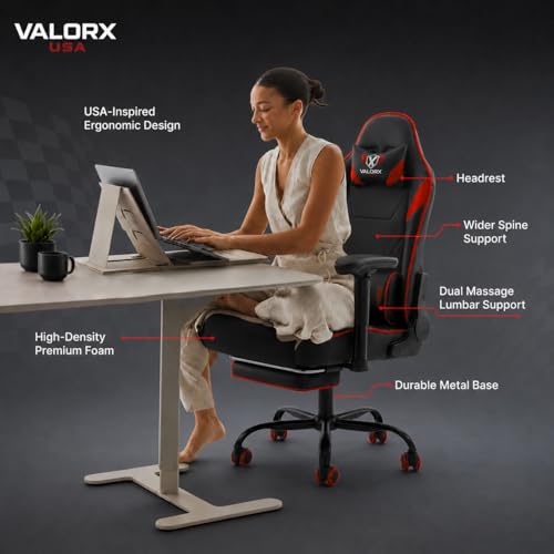 Image of ValorX USA Striker 2026 Edition | Ergonomic Gaming & Office Computer Chair | Premium PU Leather | Dual Massager Back Support | Adjustable Neck & Lumbar Pillow | Ergo Sync Armrests | Footrest (Red)